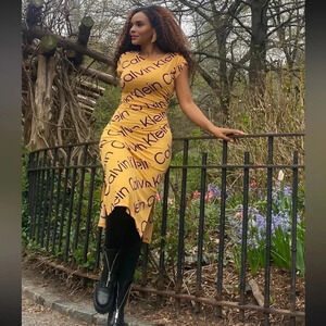 Calvin Klein | Designer Black & Yellow Short Sleeve Midi Dress Women’s  Size 16